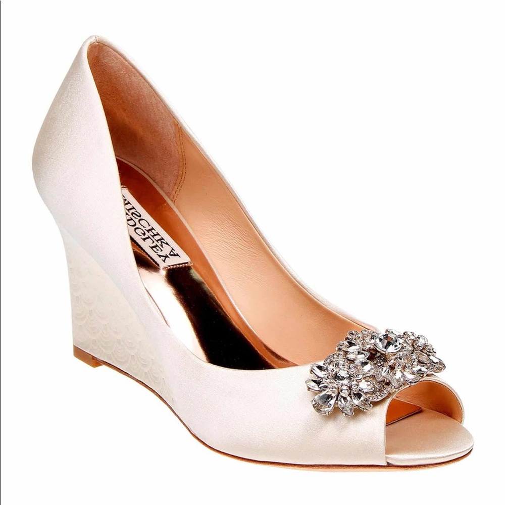 Badgley Mischka Peep Toe Wedge- ivory satin
